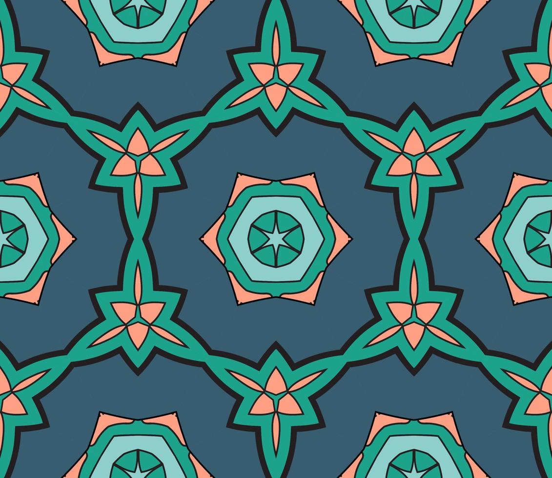 Abstract colorful doodle geometric flower seamless pattern. Floral background. Kaleidoscope mosaic, geo tile of thin line ornament. vector