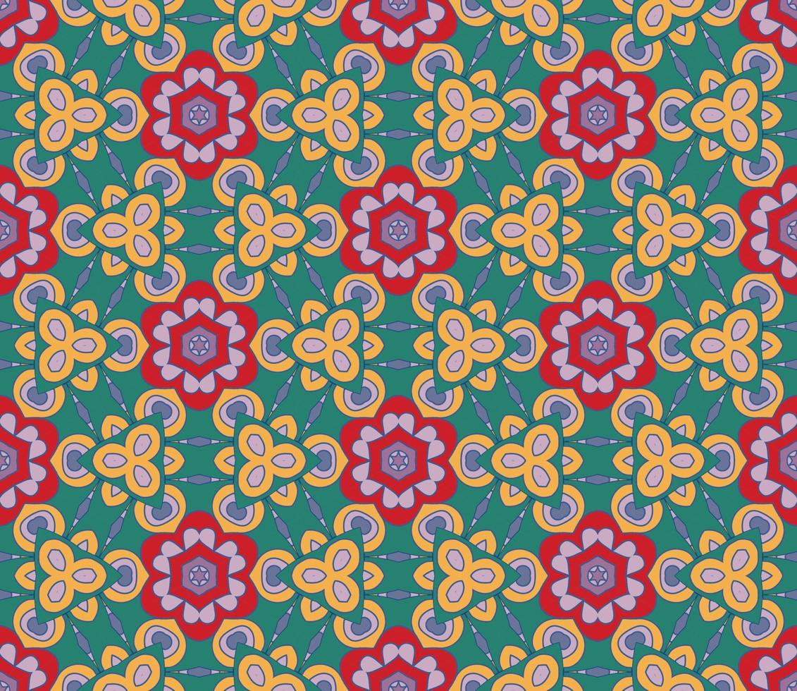 Abstract colorful doodle geometric flower seamless pattern. Floral background. Kaleidoscope mosaic, geo tile of thin line ornament. vector