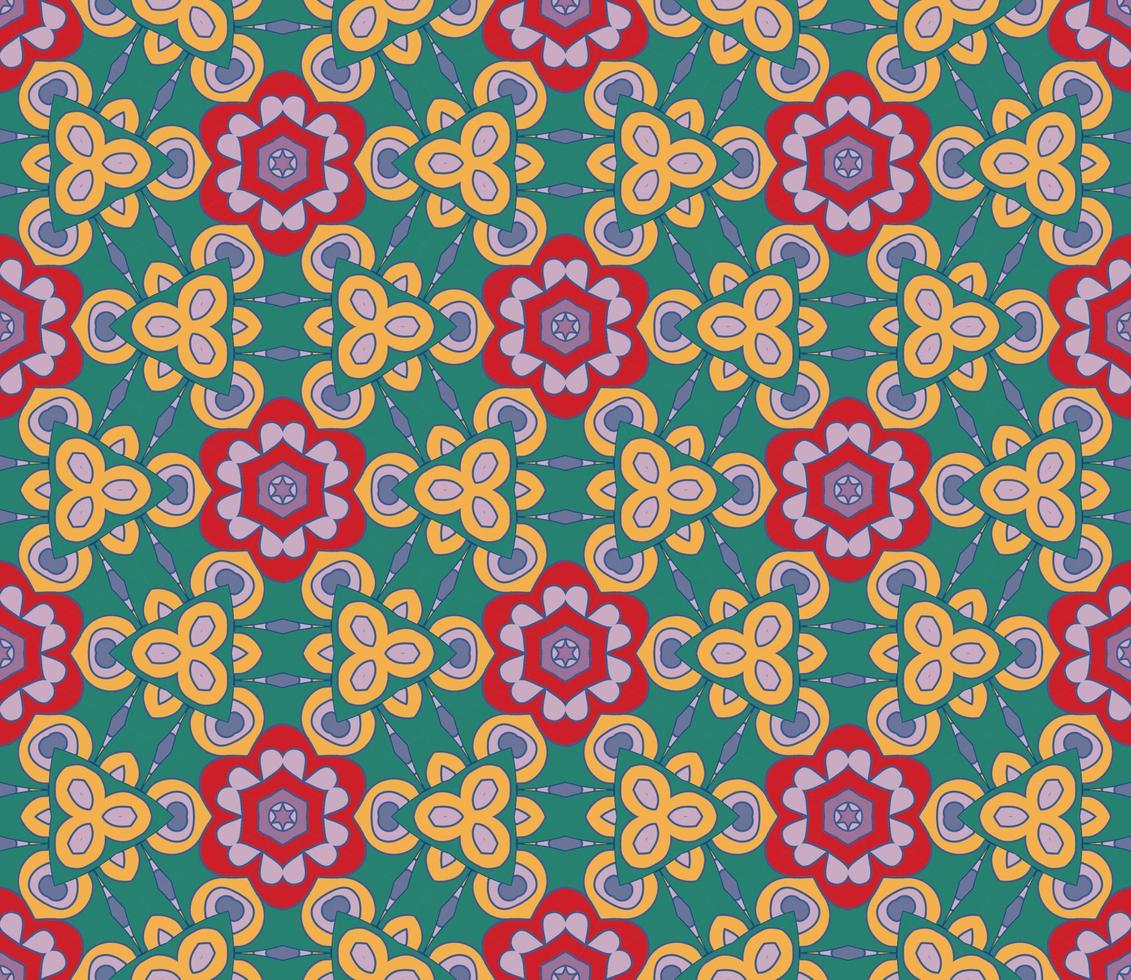 Abstract colorful doodle geometric flower seamless pattern. Floral background. Kaleidoscope mosaic, geo tile of thin line ornament. vector