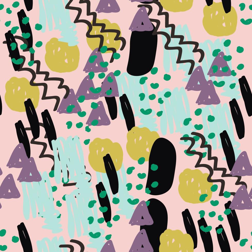 Modern hand draw colorful abstract seamless pattern with geometrical shapes. Circles, triangles, lines. vector