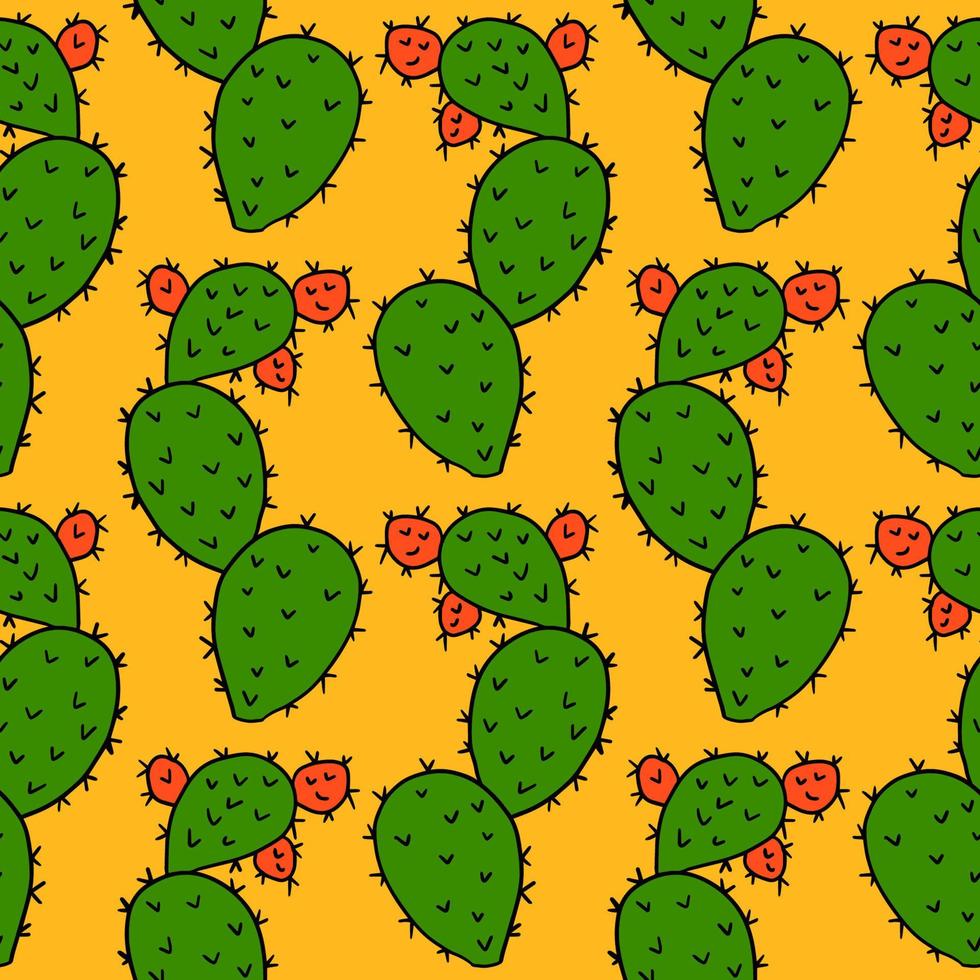 Cactus, Opuntia with fruits seamless pattern on white background. vector