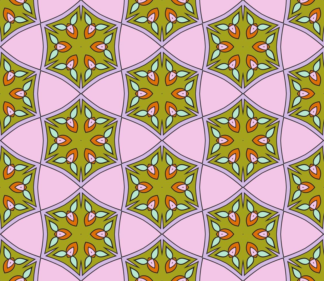 Abstract colorful doodle geometric flower seamless pattern. Floral background. Kaleidoscope mosaic, geo tile of thin line ornament. vector