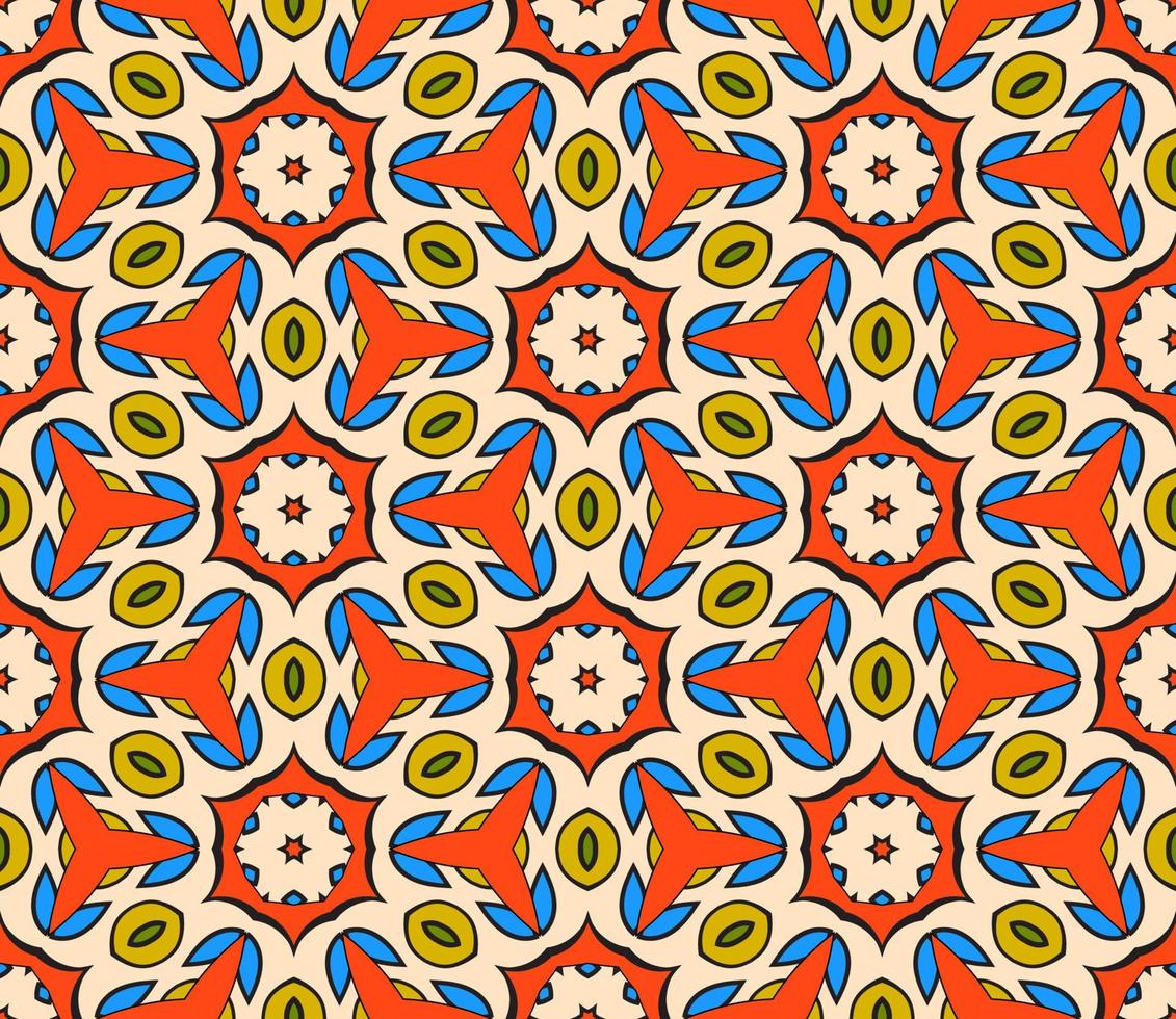 Abstract colorful doodle geometric flower seamless pattern. Floral background. Kaleidoscope mosaic, geo tile of thin line ornament. vector