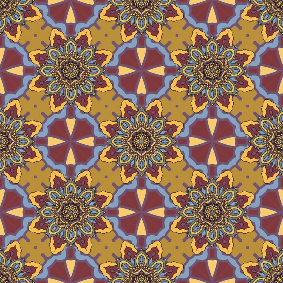 Abstract colorful doodle geometric flower seamless pattern. Floral background. Kaleidoscope mosaic, geo tile of thin line ornament. vector