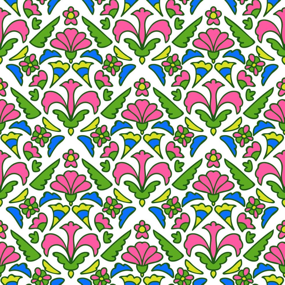 patrón sin costuras de damasco floral de línea delgada colorida con flores de fantasía, hojas. vector