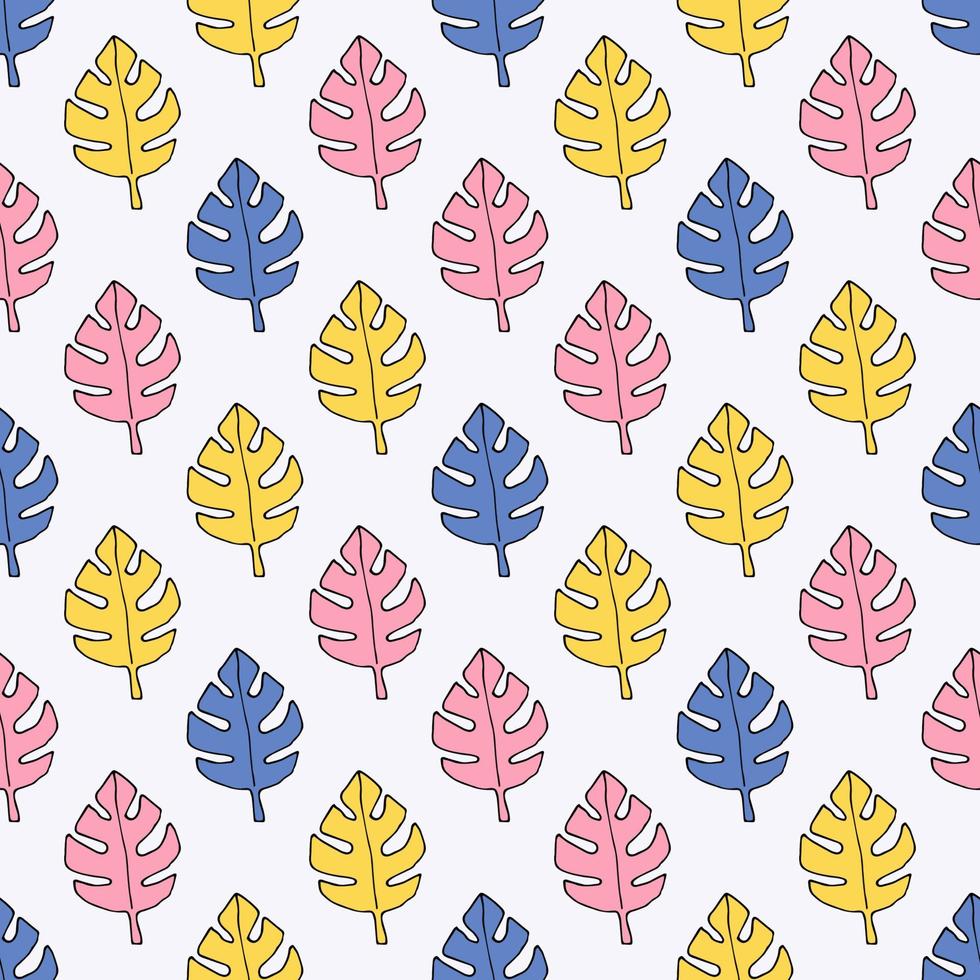 Cartoon doodle Monstera leaves seamless pattern. Floral background. Hand drawn leaf. vector