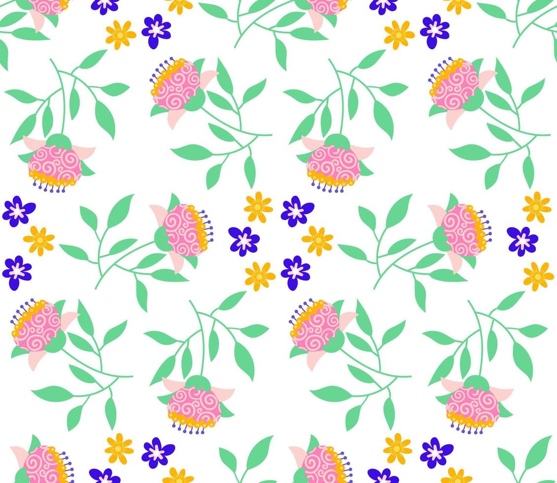 Cute cartoon flowers in flat style seamless pattern. Floral childlike style mosaic background. vector