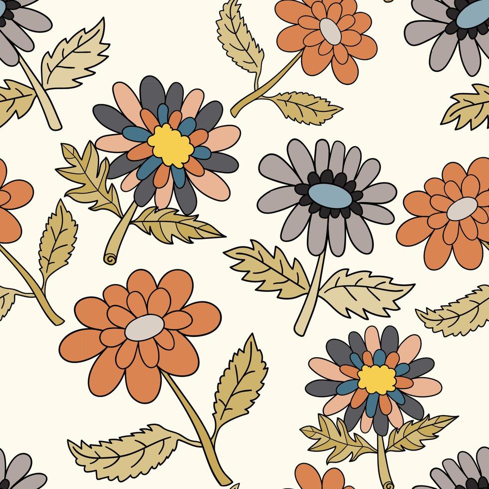 Seamless pattern with colorful fantasy doodle cartoon flowers, floral wrapping paper, background. vector