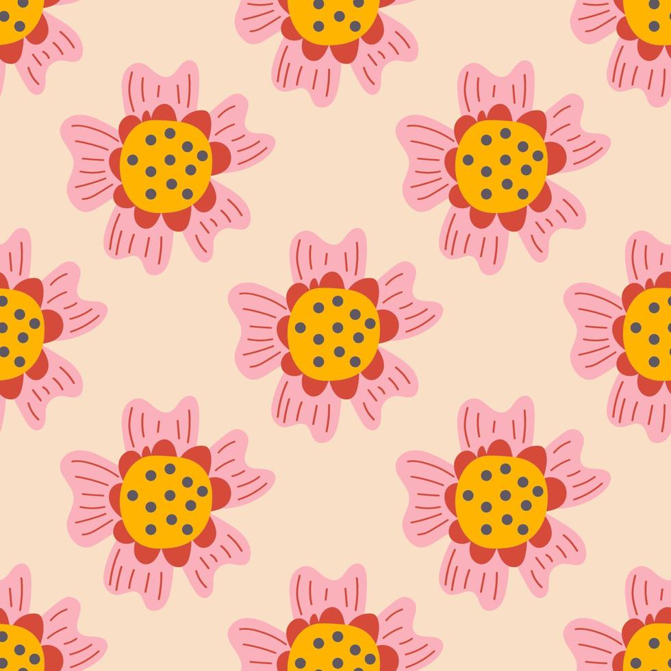 Cute cartoon polka dot flowers in flat style seamless pattern. Floral childlike style background. vector