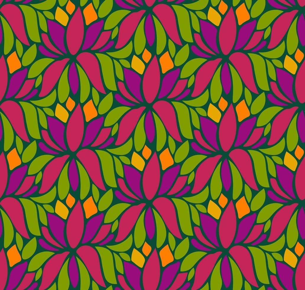 Floral seamless pattern with lotus and green leaves. Colorful tropical background with fantasy flowers. Tropic seamless pattern. vector