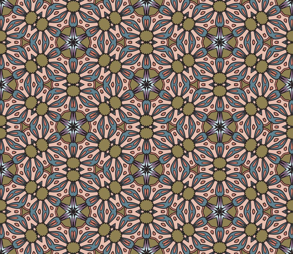 Abstract colorful doodle geometric flower seamless pattern. Floral background. Kaleidoscope mosaic, geo tile of thin line ornament. vector