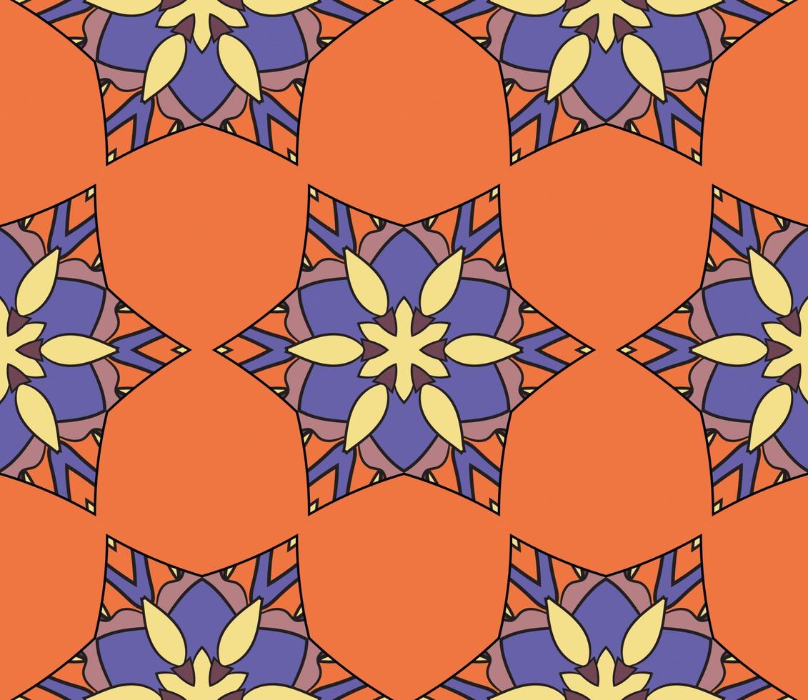 Abstract colorful doodle geometric flower seamless pattern. Floral background. Kaleidoscope mosaic, geo tile of thin line ornament. vector