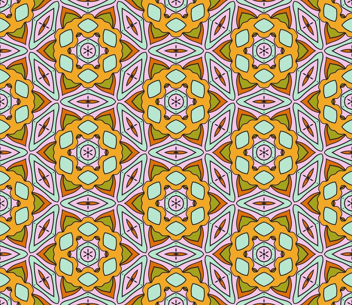 Abstract colorful doodle geometric flower seamless pattern. Floral background. Kaleidoscope mosaic, geo tile of thin line ornament. vector