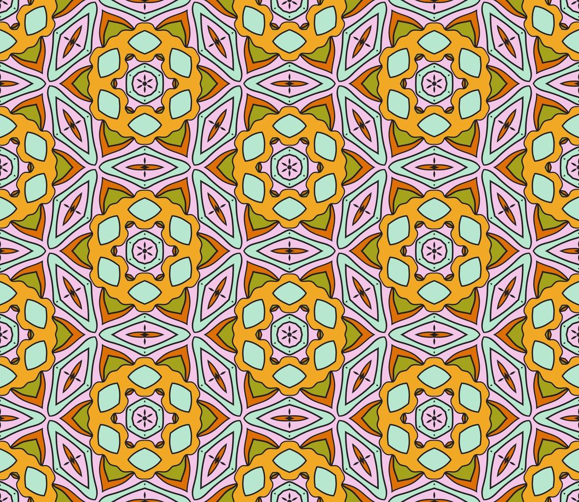 Abstract colorful doodle geometric flower seamless pattern. Floral background. Kaleidoscope mosaic, geo tile of thin line ornament. vector