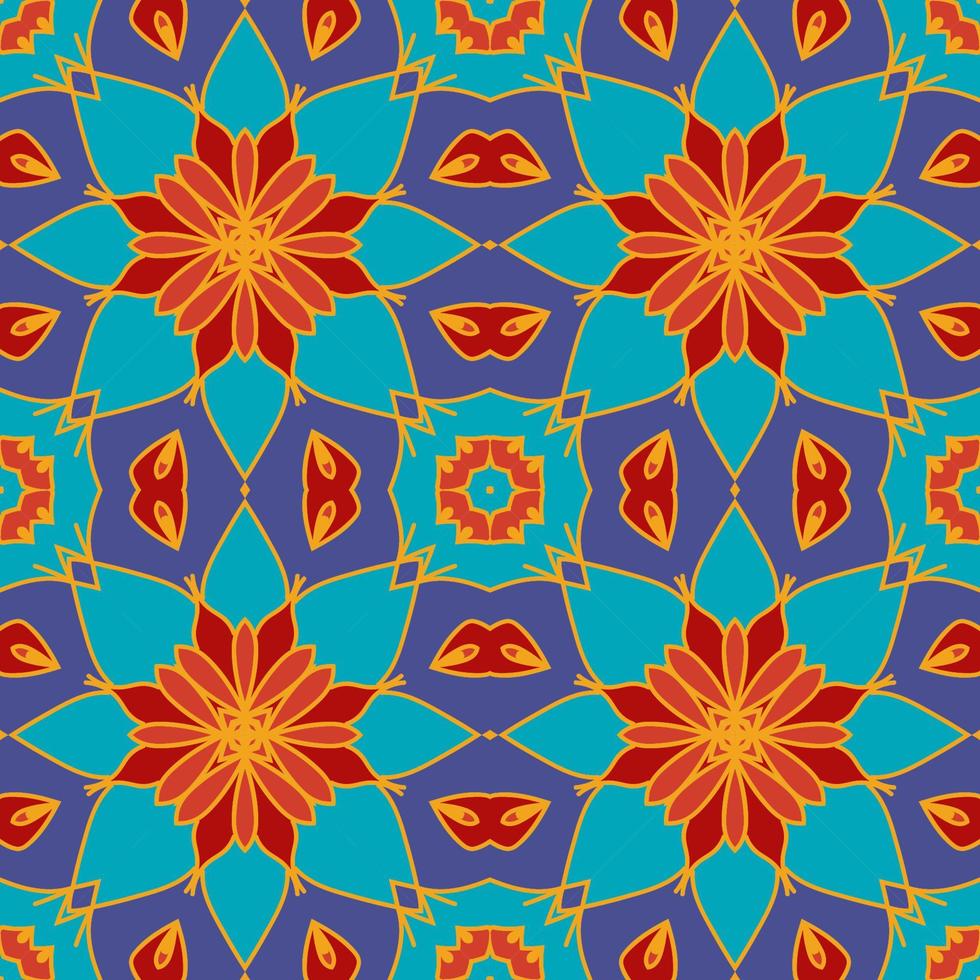 Abstract colorful doodle geometric flower seamless pattern. Floral background. Kaleidoscope mosaic, geo tile of thin line ornament. vector