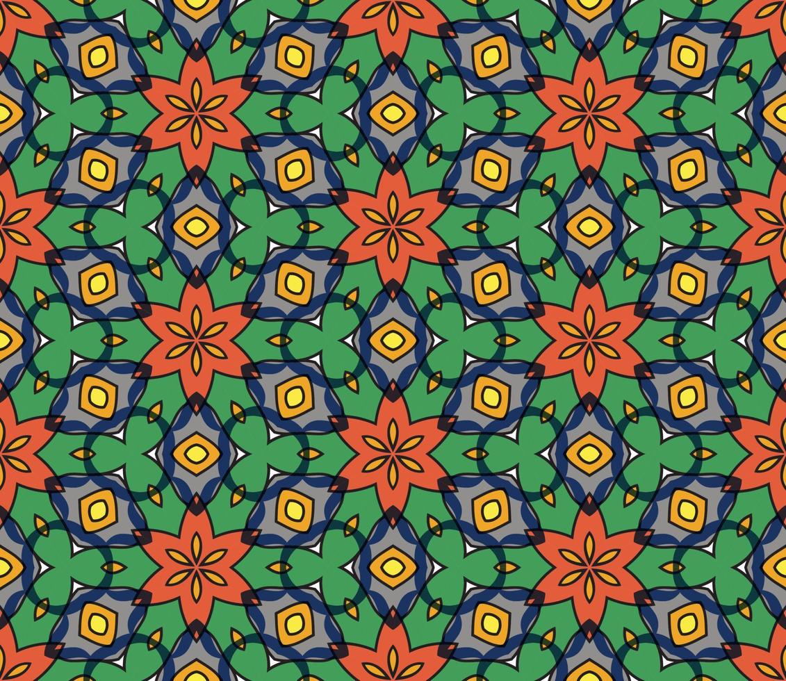 Abstract colorful doodle geometric flower seamless pattern. Floral background. Kaleidoscope mosaic, geo tile of thin line ornament. vector