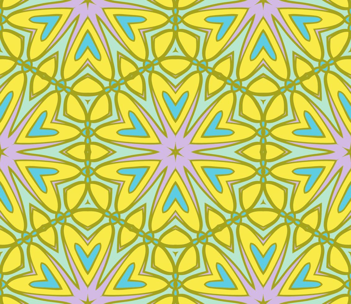 Abstract colorful doodle geometric flower seamless pattern. Floral background. Kaleidoscope mosaic, geo tile of thin line ornament. vector