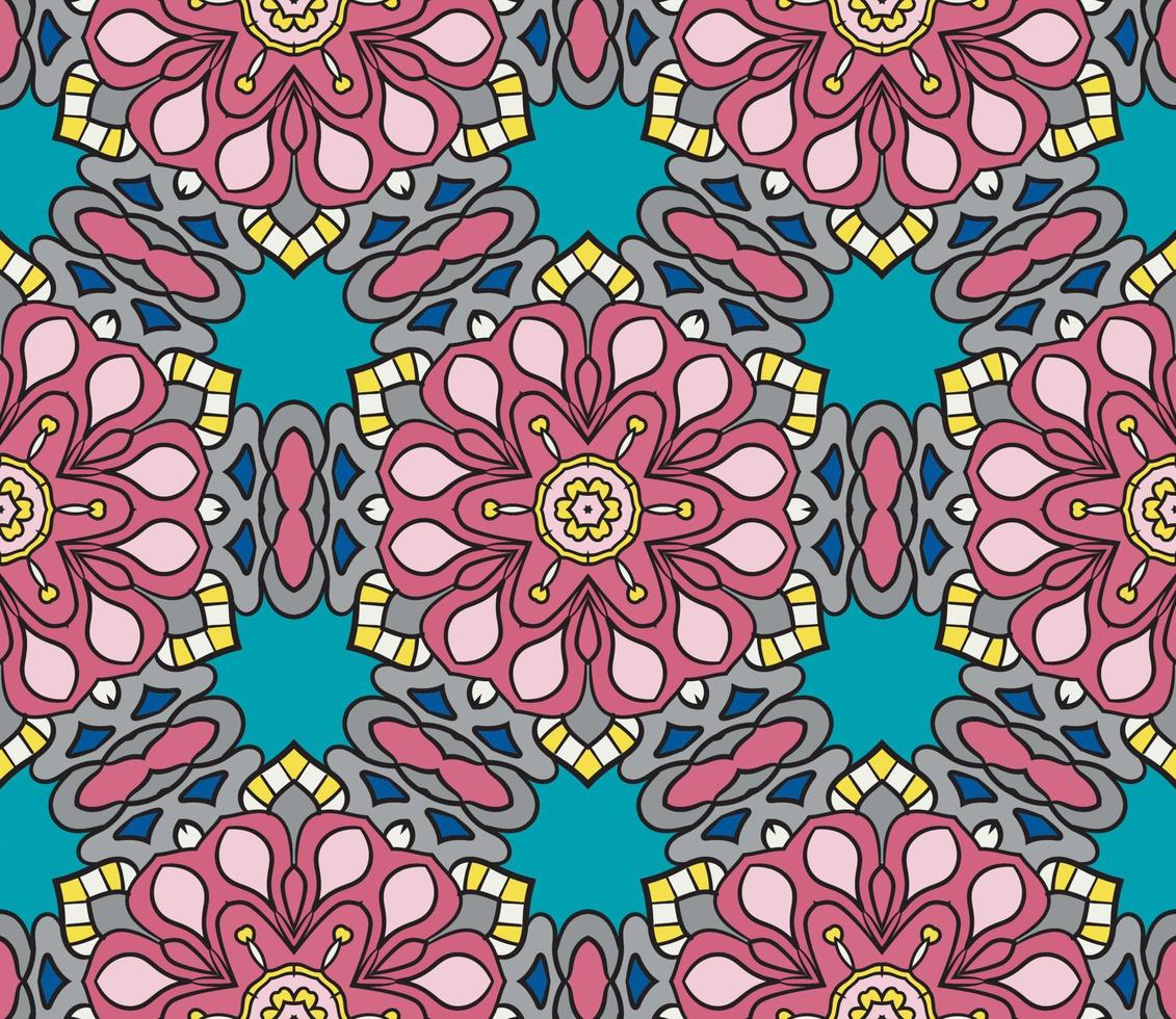 Abstract colorful doodle geometric flower seamless pattern. Floral background. Kaleidoscope mosaic, geo tile of thin line ornament. vector