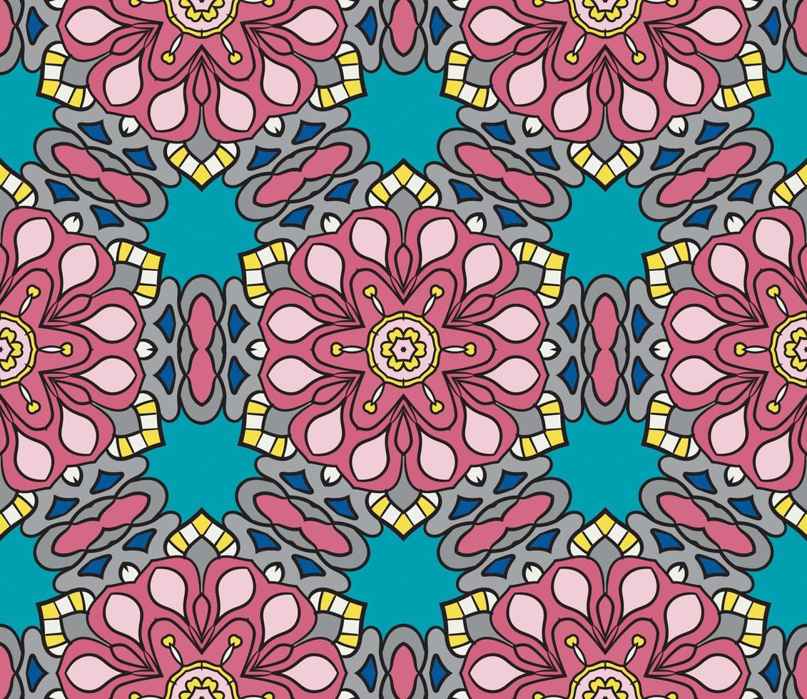 Abstract colorful doodle geometric flower seamless pattern. Floral background. Kaleidoscope mosaic, geo tile of thin line ornament. vector