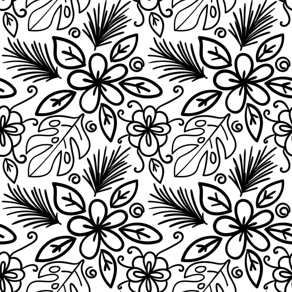 Vector seamless hand drawn floral pattern. Background with plants, Monstera leaves, spruce branch, flower .