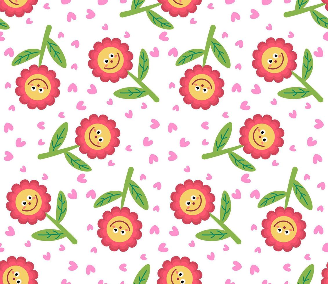 Cute cartoon flower characters in flat style seamless pattern. Floral childlike style mosaic background. vector