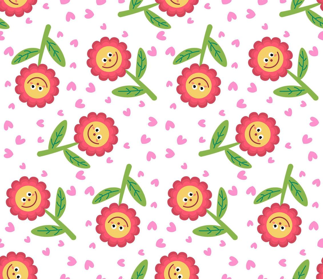 lindos personajes de flores de dibujos animados en un patrón sin costuras de estilo plano. fondo de mosaico de estilo infantil floral. vector