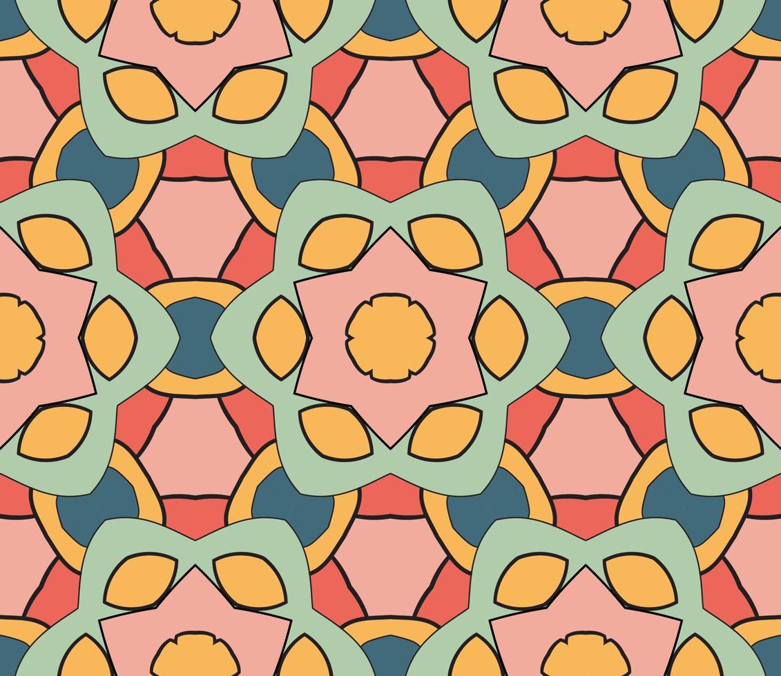 Abstract colorful doodle geometric flower seamless pattern. Floral background. Kaleidoscope mosaic, geo tile of thin line ornament. vector
