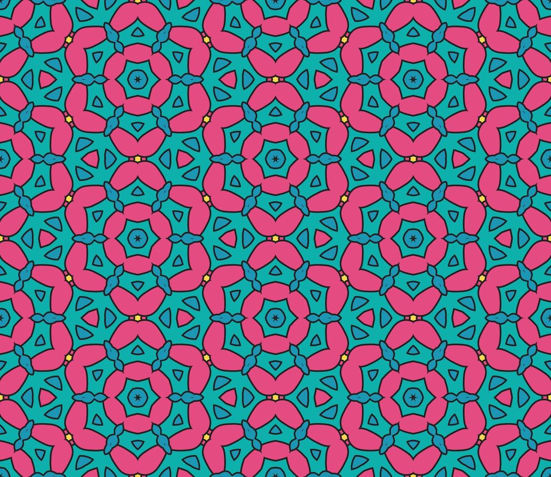 Abstract colorful doodle geometric flower seamless pattern. Floral background. Kaleidoscope mosaic, geo tile of thin line ornament. vector