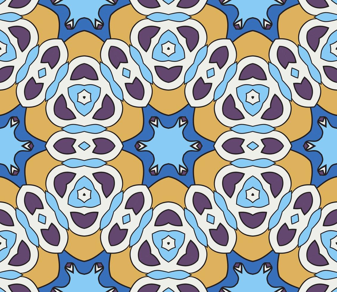 Abstract colorful doodle geometric flower seamless pattern. Floral background. Kaleidoscope mosaic, geo tile of thin line ornament. vector