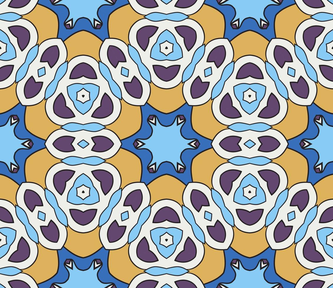 Abstract colorful doodle geometric flower seamless pattern. Floral background. Kaleidoscope mosaic, geo tile of thin line ornament. vector