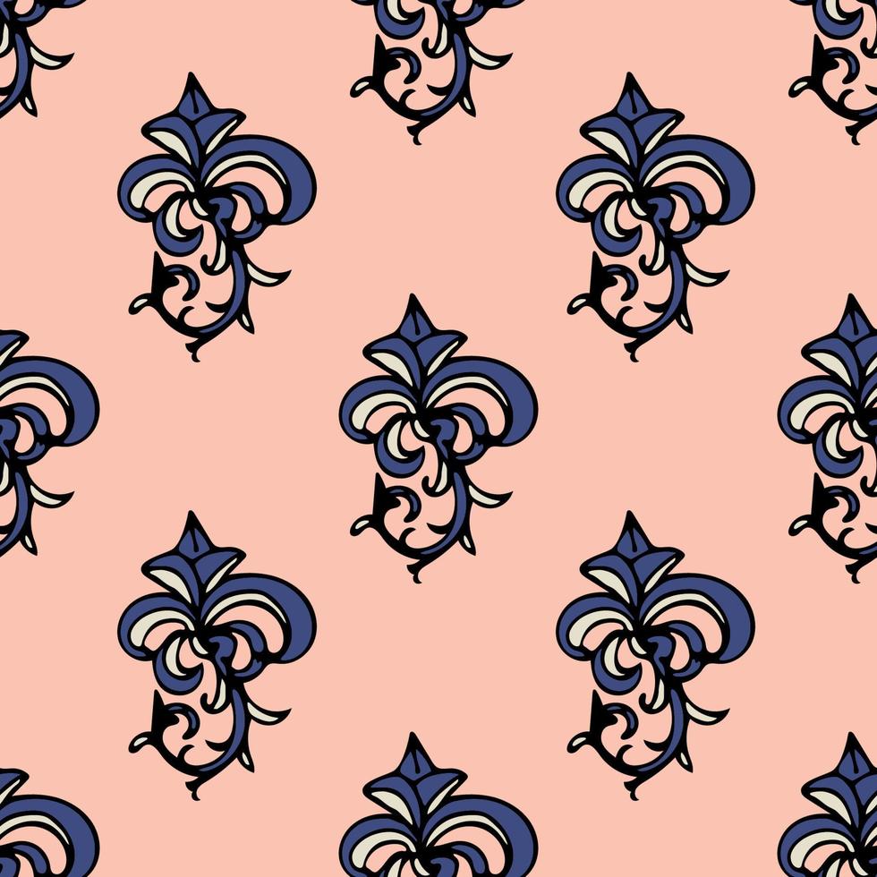 Cute damask, fleur de lis abstract seamless pattern with hand drawn decoration. vector