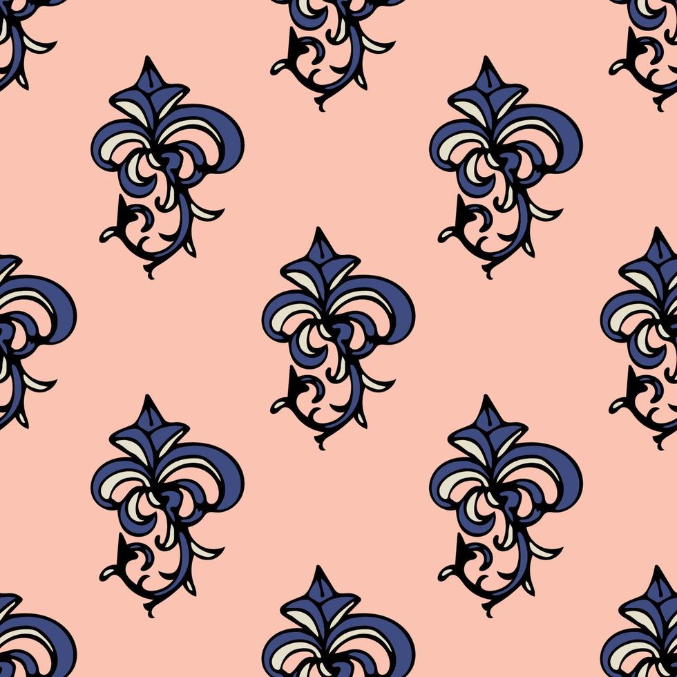 Cute damask, fleur de lis abstract seamless pattern with hand drawn decoration. vector