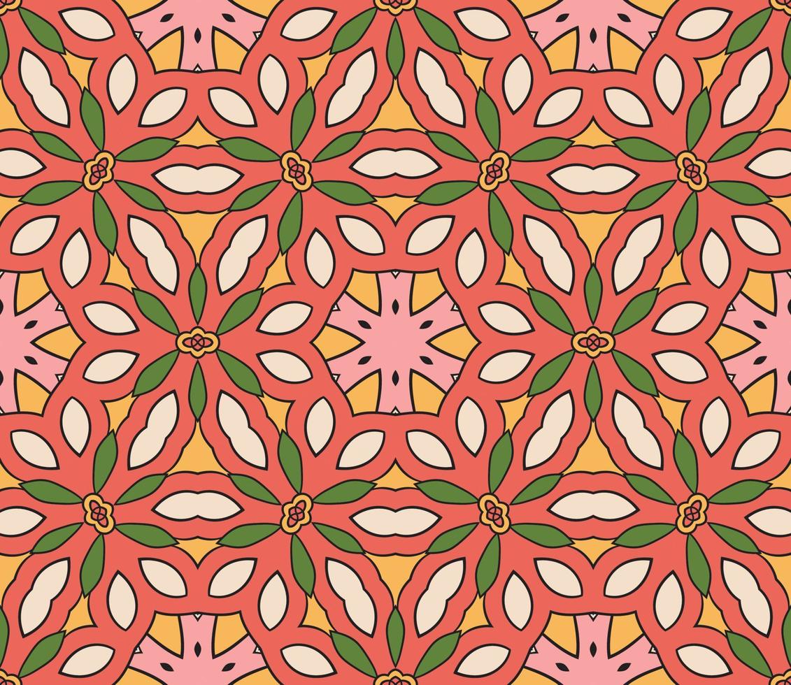 Abstract colorful doodle geometric flower seamless pattern. Floral background. Kaleidoscope mosaic, geo tile of thin line ornament. vector