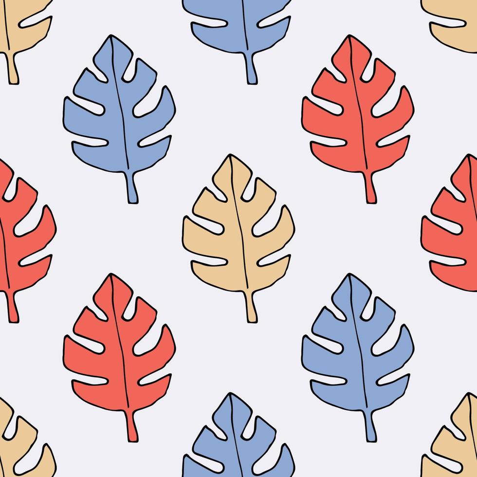 Cartoon doodle Monstera leaves seamless pattern. Floral background. Hand drawn leaf. vector