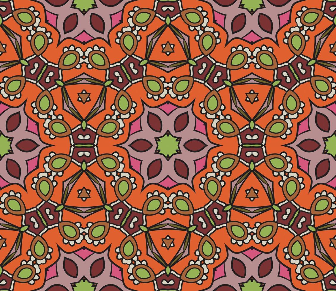 Abstract colorful doodle geometric flower seamless pattern. Floral background. Kaleidoscope mosaic, geo tile of thin line ornament. vector