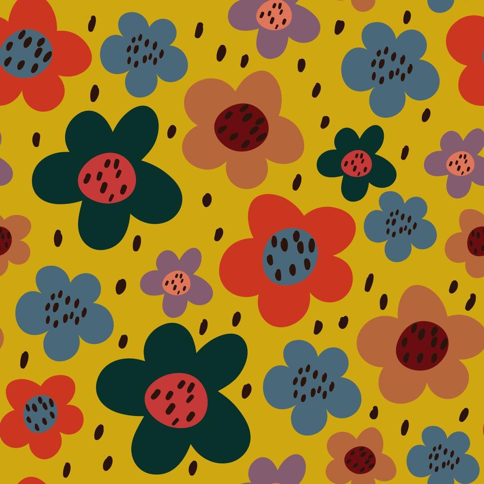 Cute cartoon flowers with dots seamless pattern. Floral background. vector