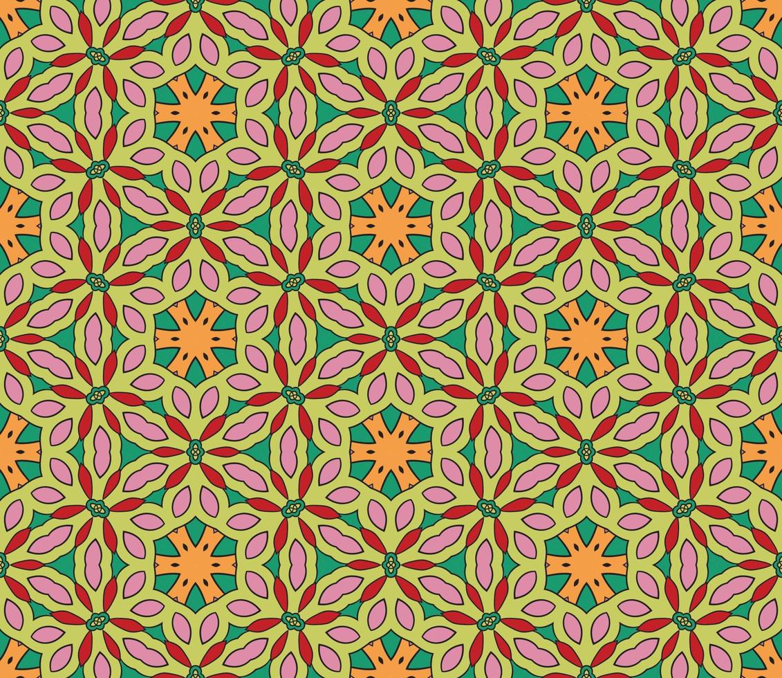 Abstract colorful doodle geometric flower seamless pattern. Floral background. Kaleidoscope mosaic, geo tile of thin line ornament. vector