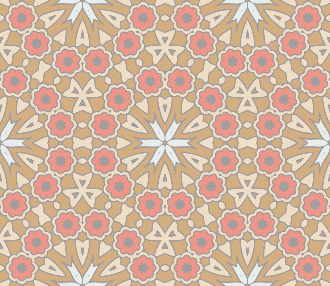 Abstract colorful doodle geometric flower seamless pattern. Floral background. Kaleidoscope mosaic, geo tile of thin line ornament. vector