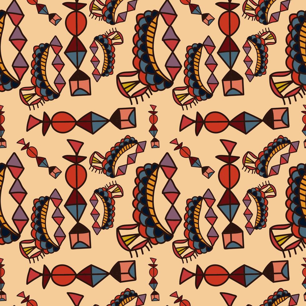 Hand drawn tribal doodle seamless pattern. Colorful fantasy background. vector