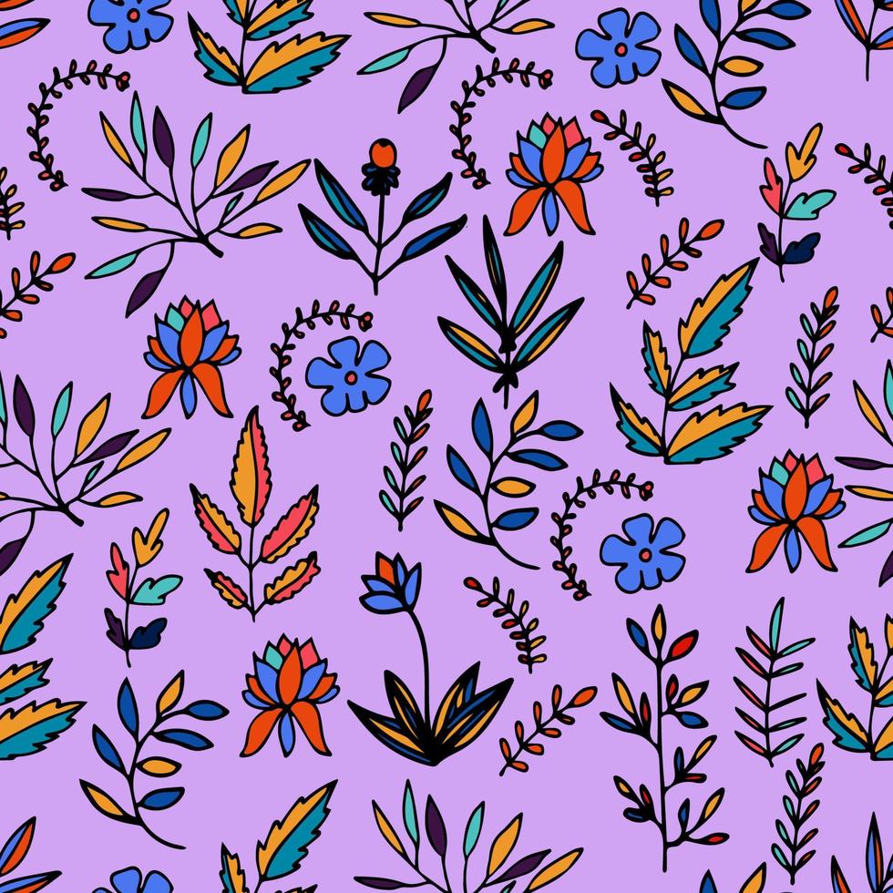 Colorful floral seamless pattern with hand drawn flowers, branches and leaves with black outline. vector