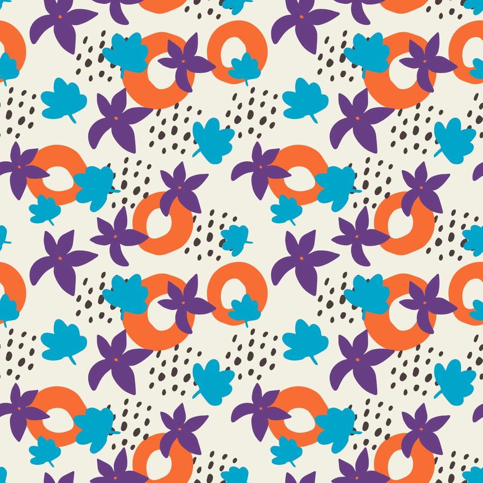 Cute cartoon messy flowers, dots, shapes seamless pattern. Modern geometric shapes background. vector