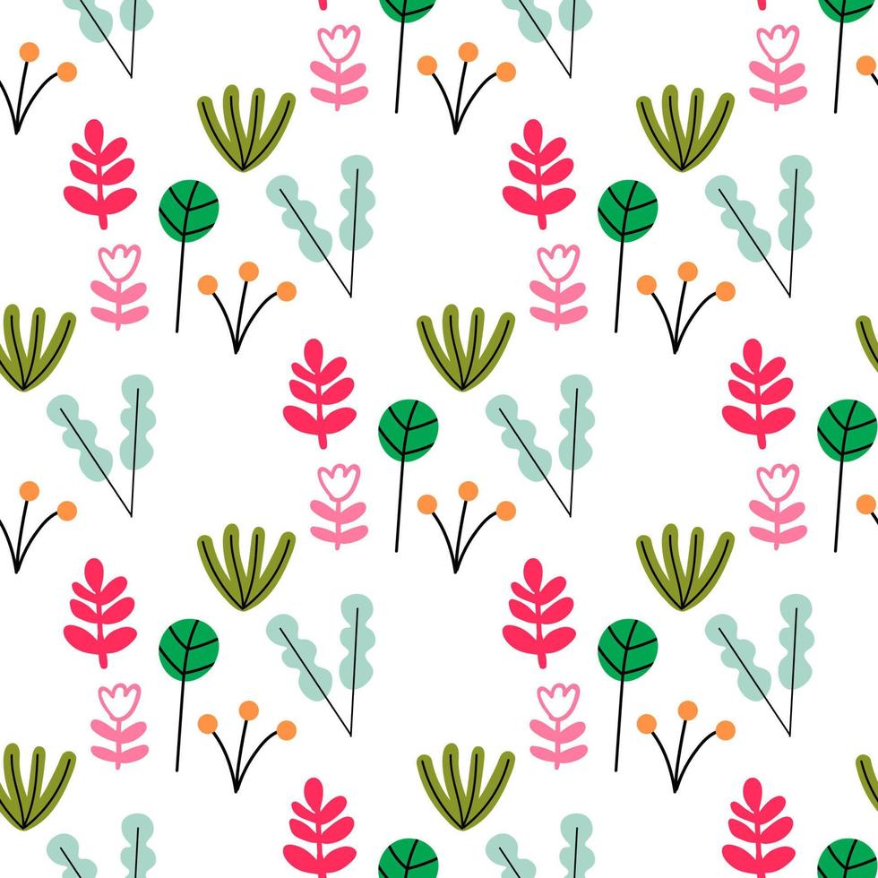 Cute cartoon flower seamless pattern. Background with plant, branch, leaves. Wrapping paper, textile. vector