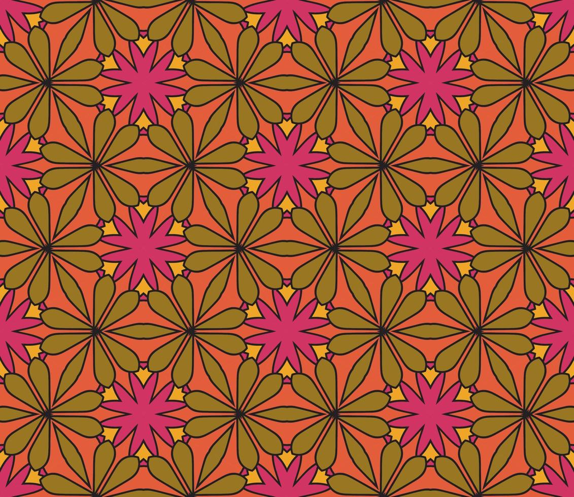 Abstract colorful doodle geometric flower seamless pattern. Floral background. Kaleidoscope mosaic, geo tile of thin line ornament. vector