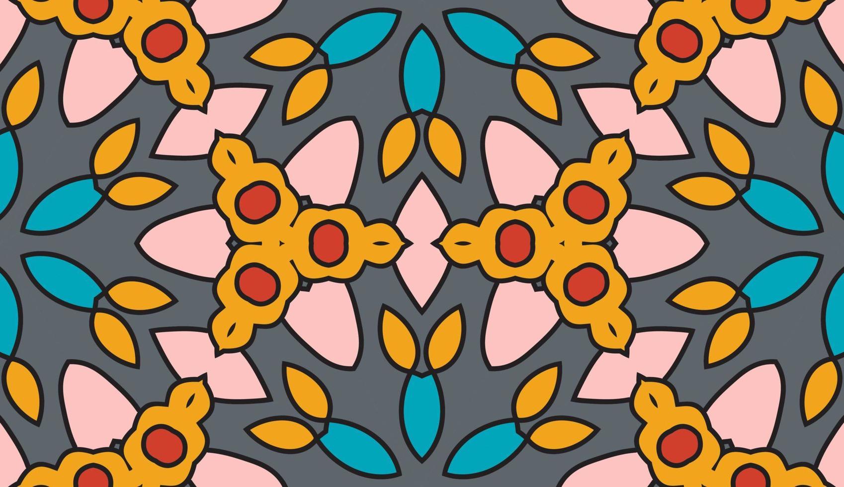 Abstract colorful doodle geometric flower seamless pattern. Floral background. Kaleidoscope mosaic, geo tile of thin line ornament. vector