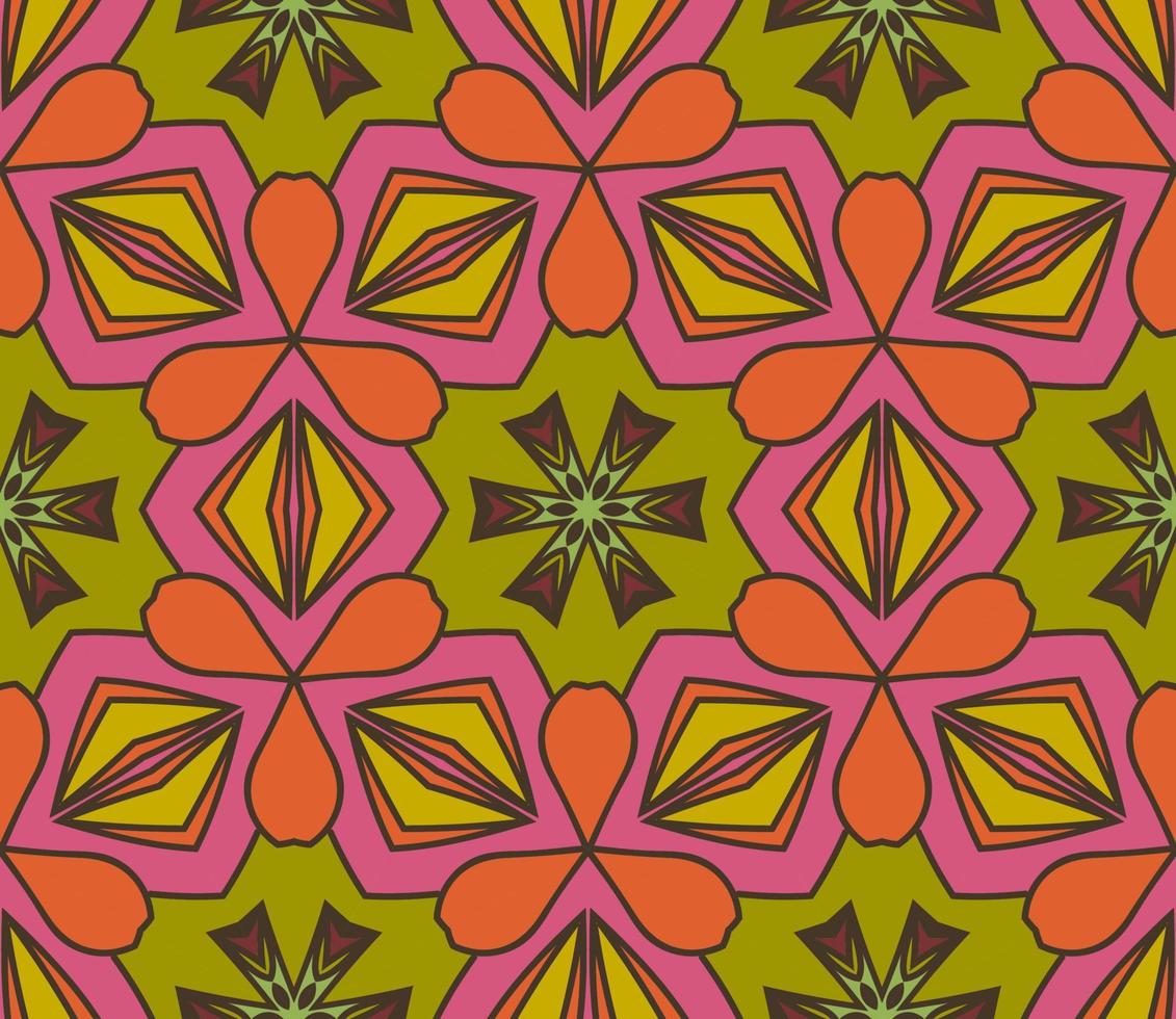 Abstract colorful doodle geometric flower seamless pattern. Floral background. Kaleidoscope mosaic, geo tile of thin line ornament. vector