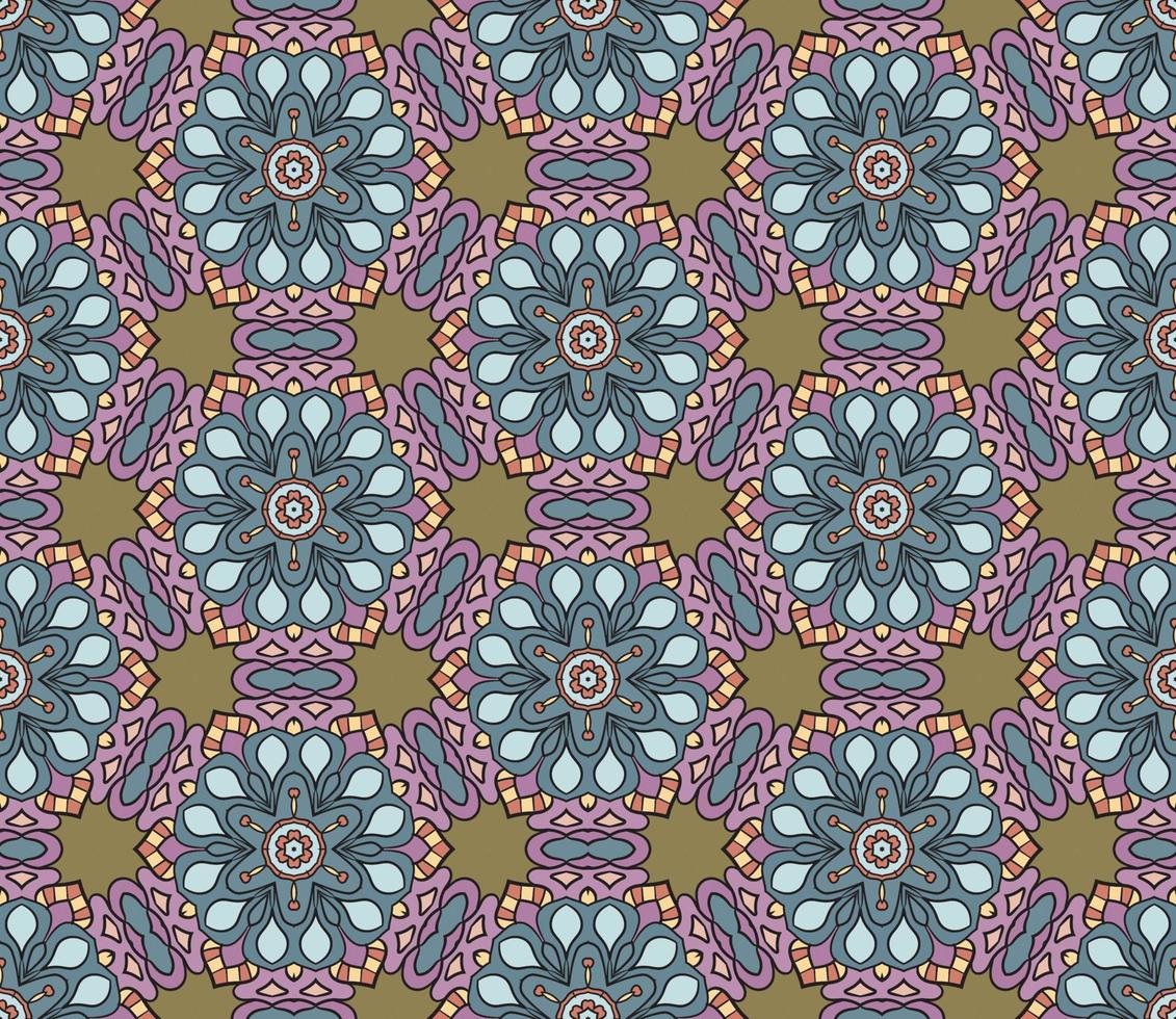 Abstract colorful doodle geometric flower seamless pattern. Floral background. Kaleidoscope mosaic, geo tile of thin line ornament. vector