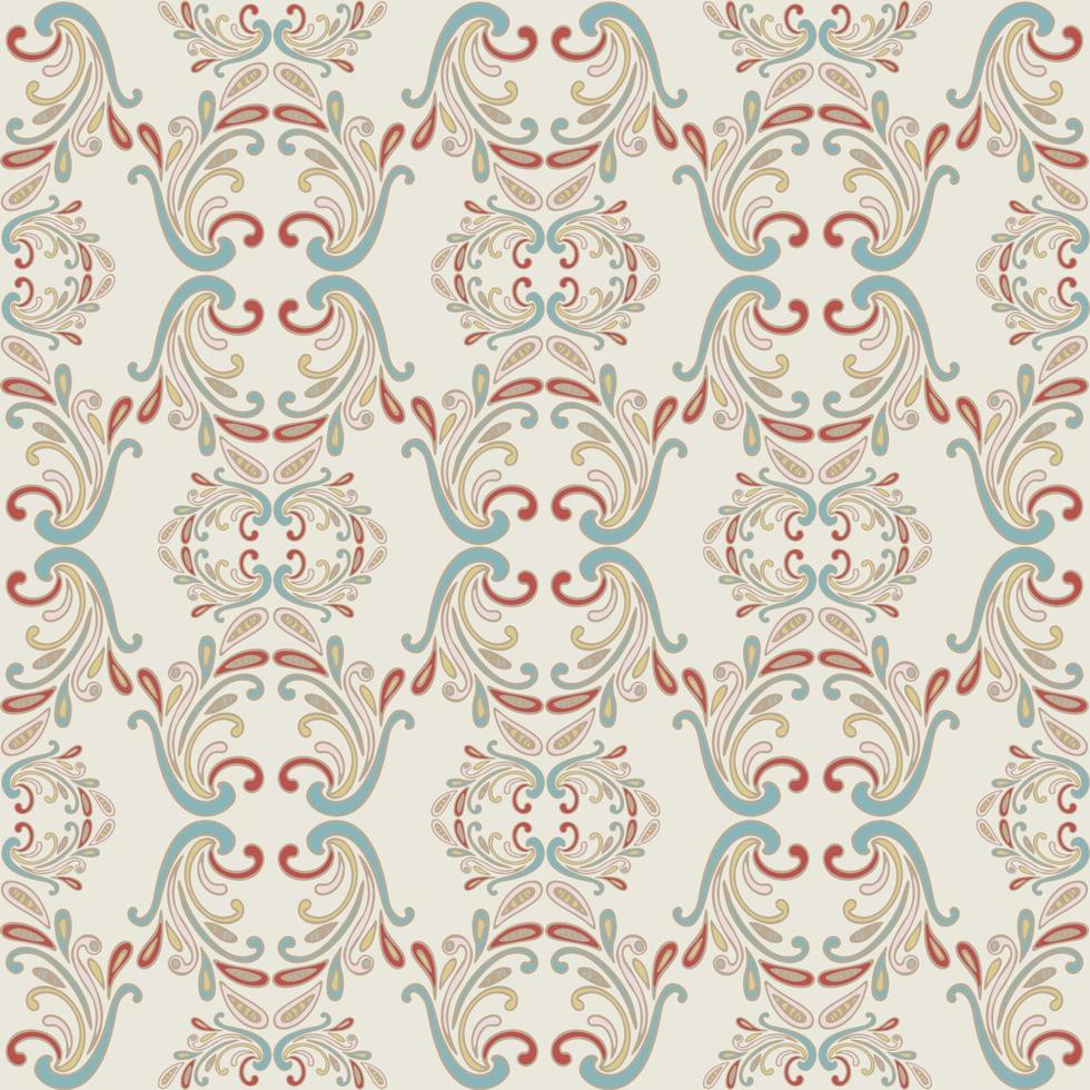 Colorful thin line floral damask seamless pattern with fantasy flowers, leaves. vector