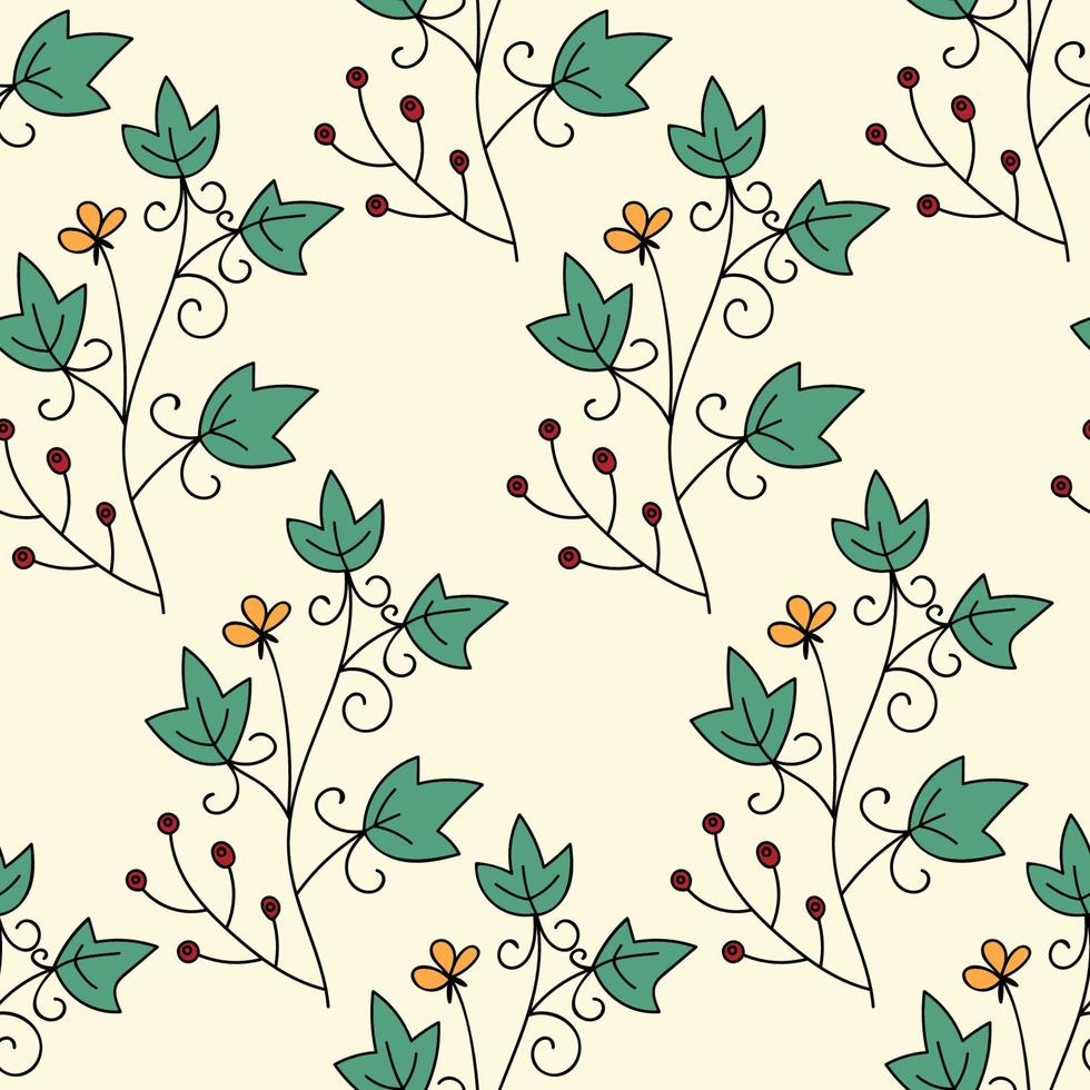 Cute cartoon flower seamless pattern. Background with plant, branch, leaves. Wrapping paper, textile. vector