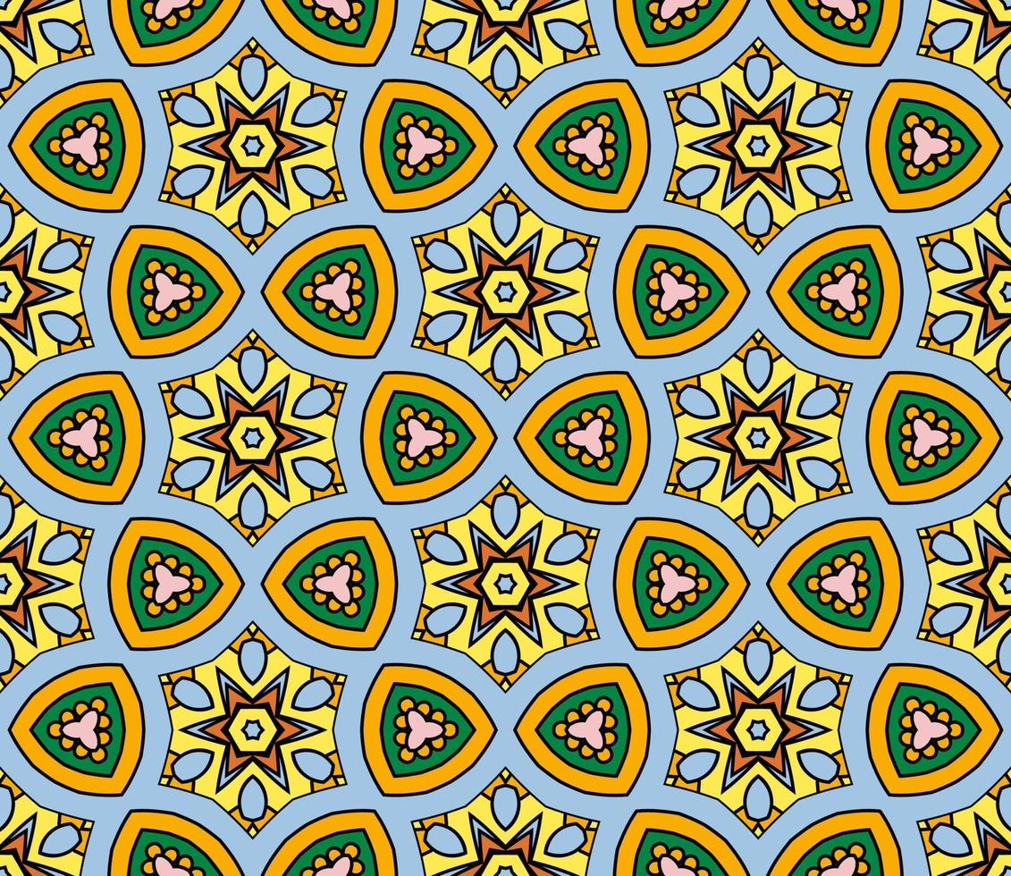 Abstract colorful doodle geometric flower seamless pattern. Floral background. Kaleidoscope mosaic, geo tile of thin line ornament. vector