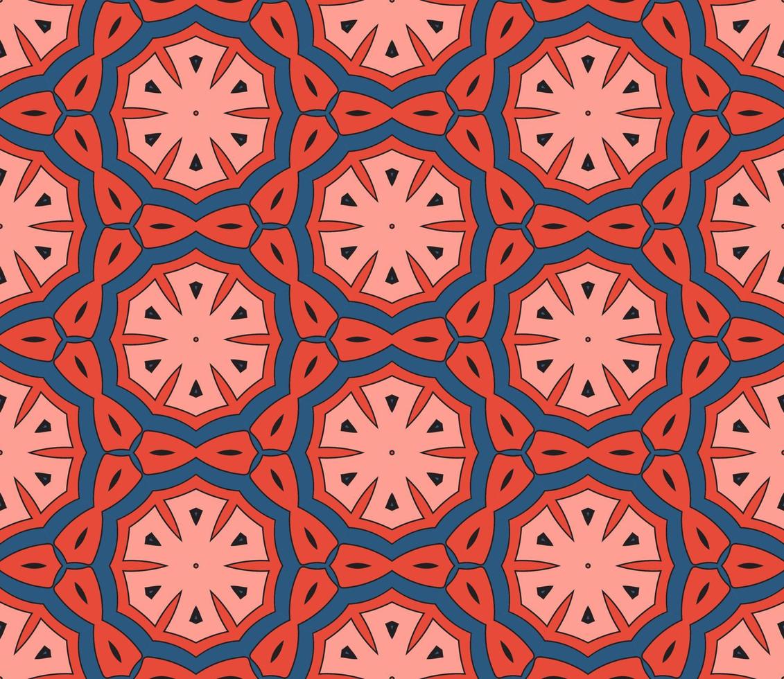 Abstract colorful doodle geometric flower seamless pattern. Floral background. Kaleidoscope mosaic, geo tile of thin line ornament. vector